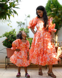 Orange Floral Midi Dress