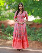 Peach-Pink Floral Long Classic Gown