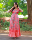 Peach-Pink Floral Long Classic Gown