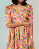 Orange Yellow Floral Cotton Midi Dress