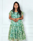 Green Frills Floral Midi Dress Chiffon