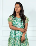 Green Frills Floral Midi Dress Chiffon