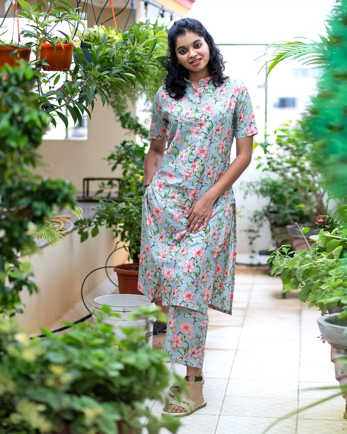 Green Floral Printed Kurti with Bottom