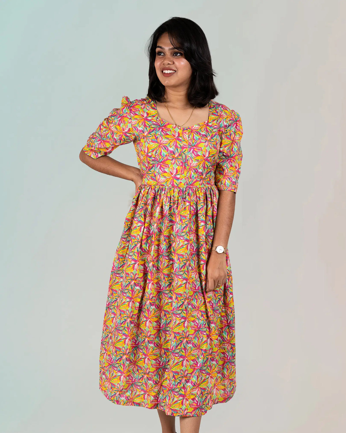 Orange Yellow Floral Cotton Midi Dress