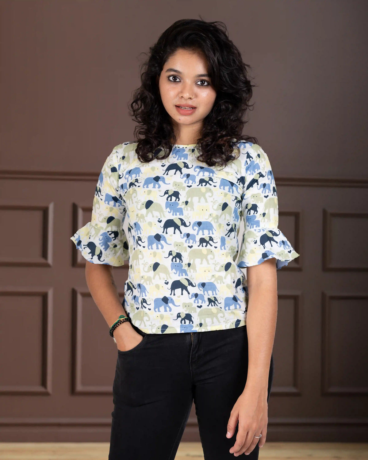 Elephant Print Cotton Short Top