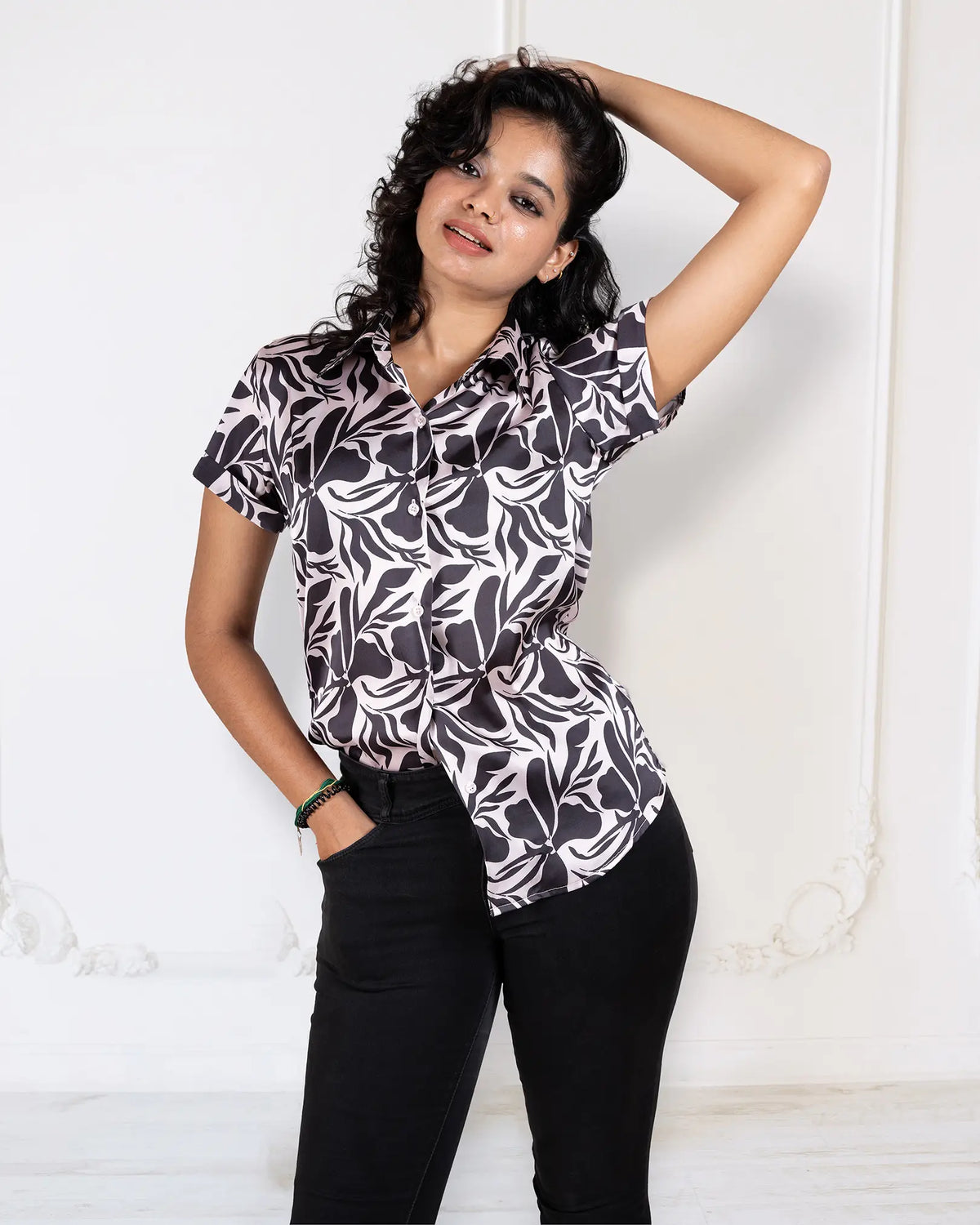 White Black Floral Causal Shirt