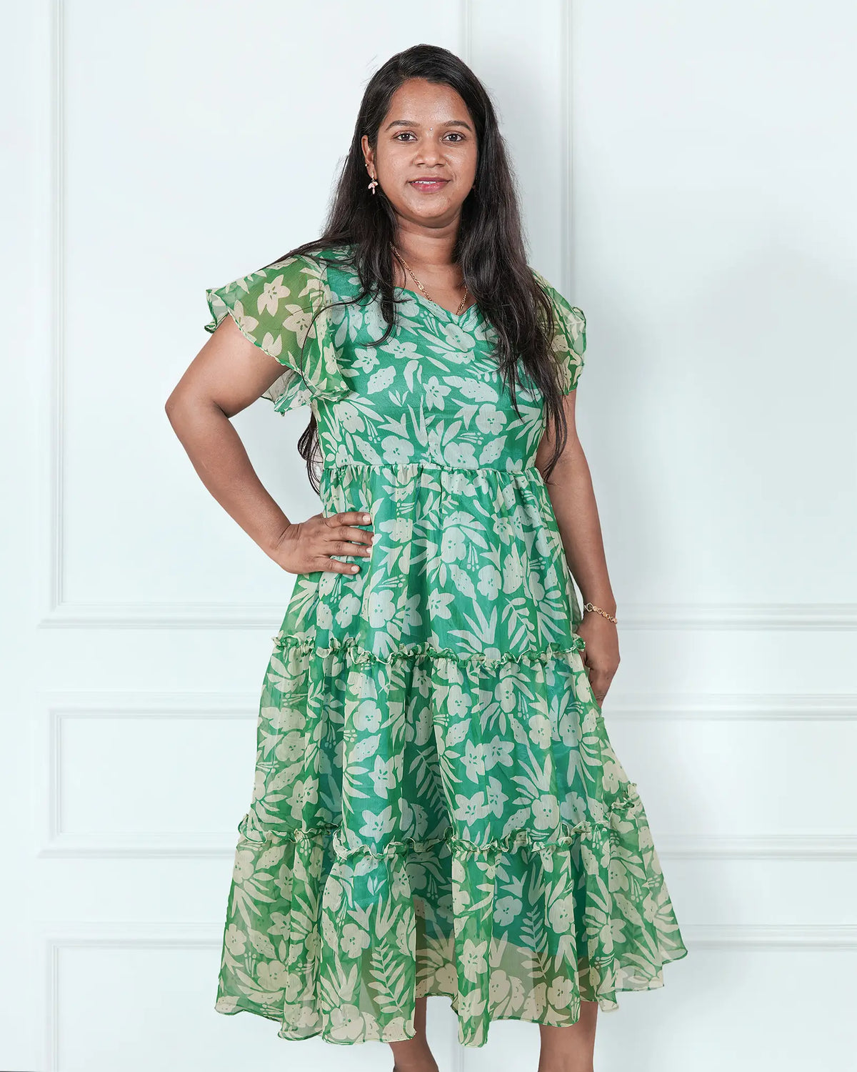 Green Frills Floral Midi Dress Chiffon