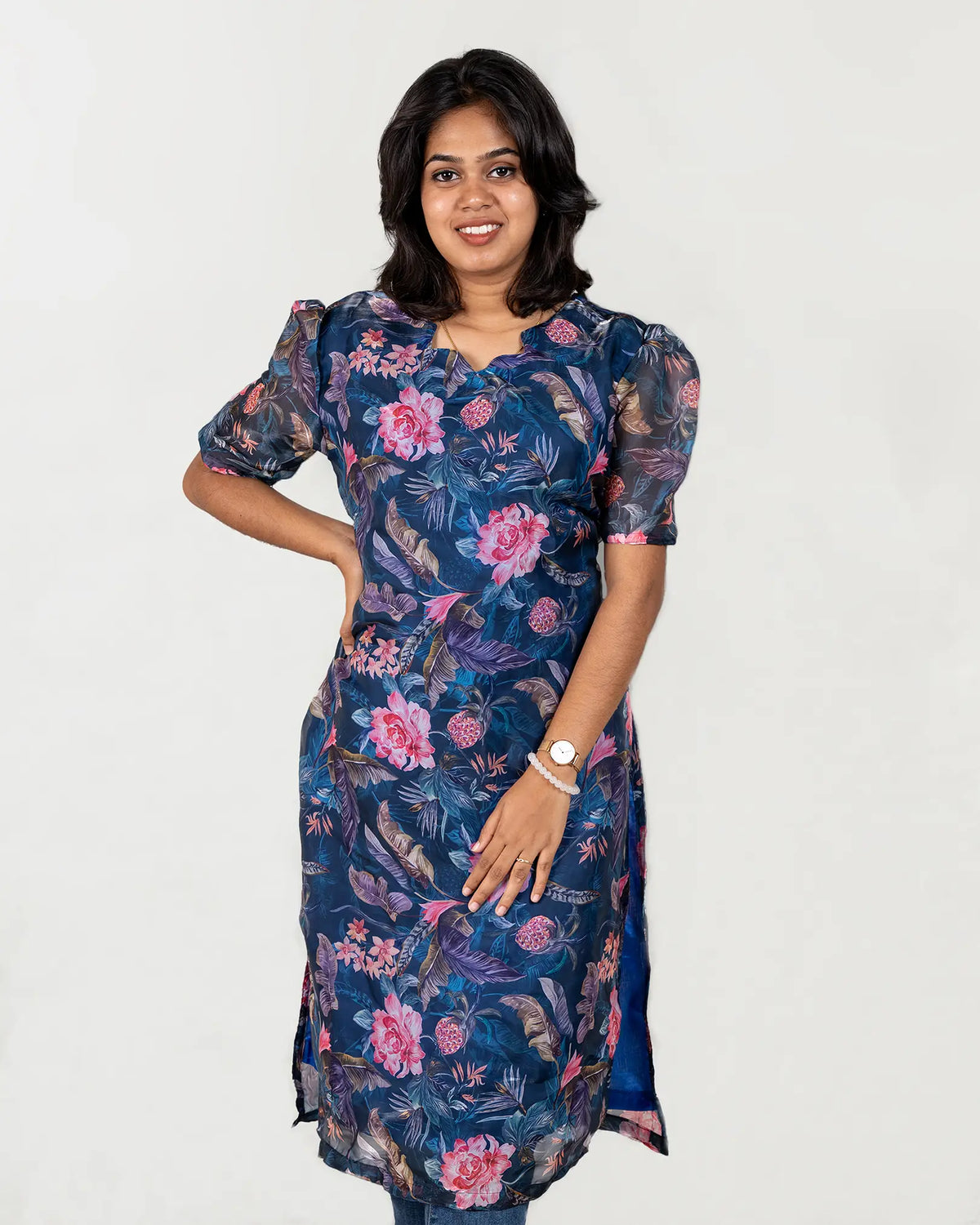 Blue Floral Shimmer Organza Kurti