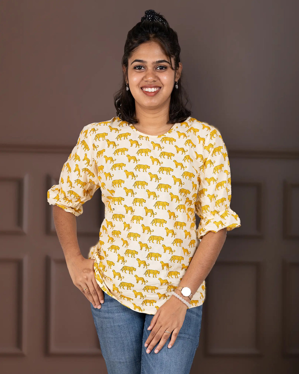 Yellow Cheetah Printed Short Top - Cotton