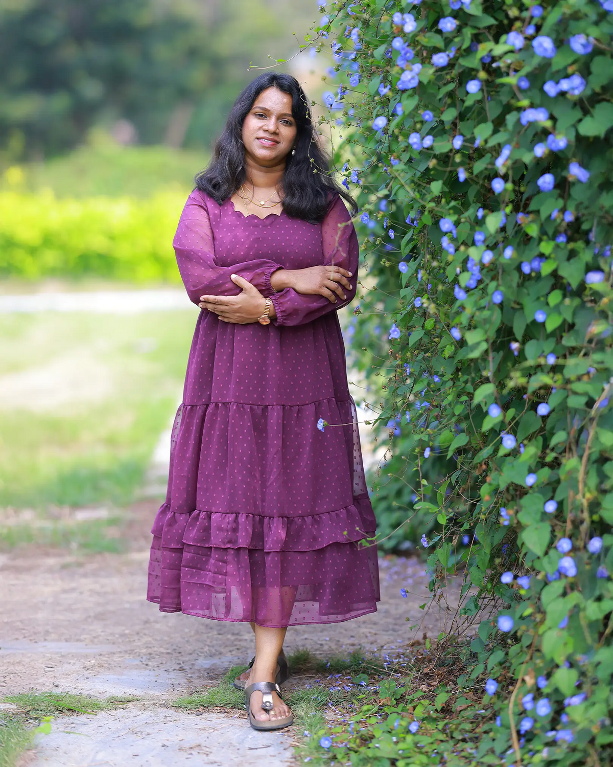 Plum Polka-Butta Tiered Midi Dress