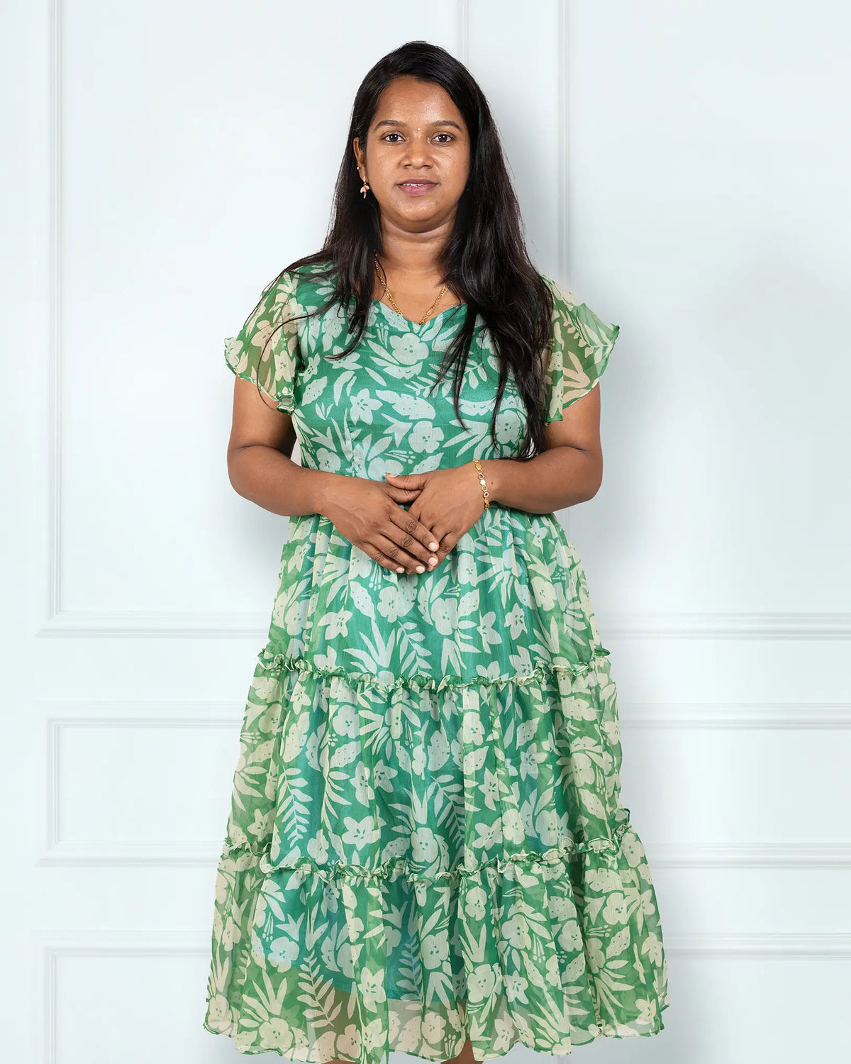 Green Frills Floral Midi Dress Chiffon