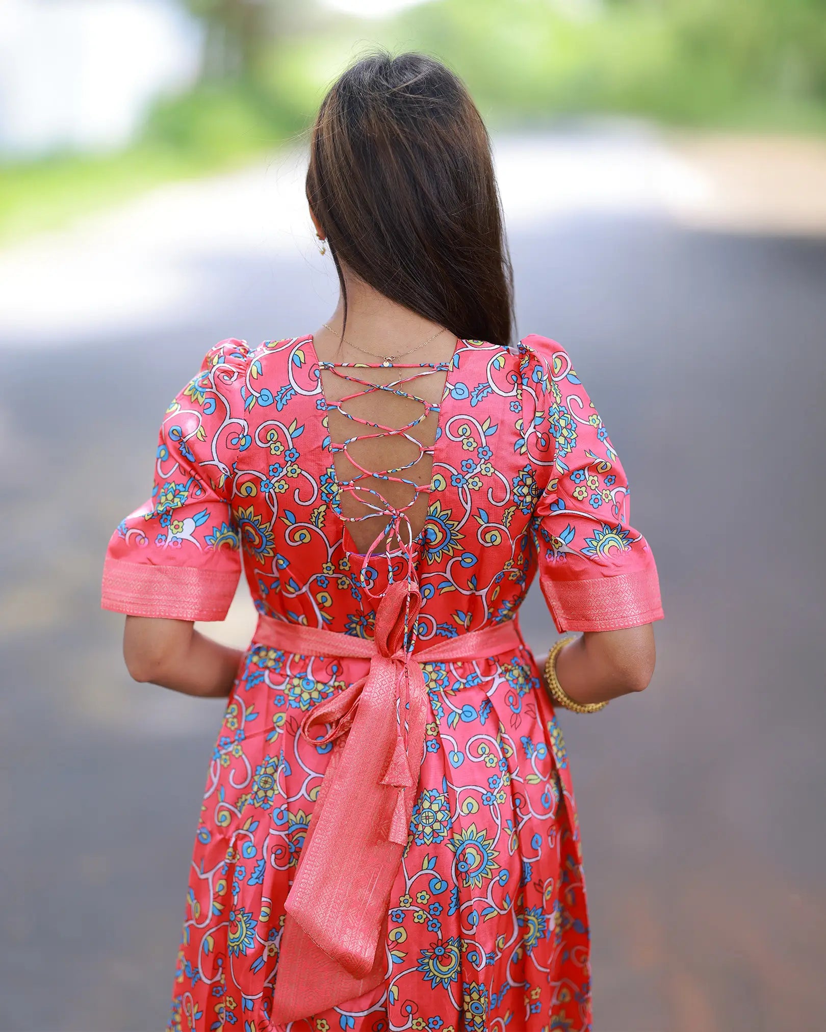 Peach-Pink Floral Long Classic Gown