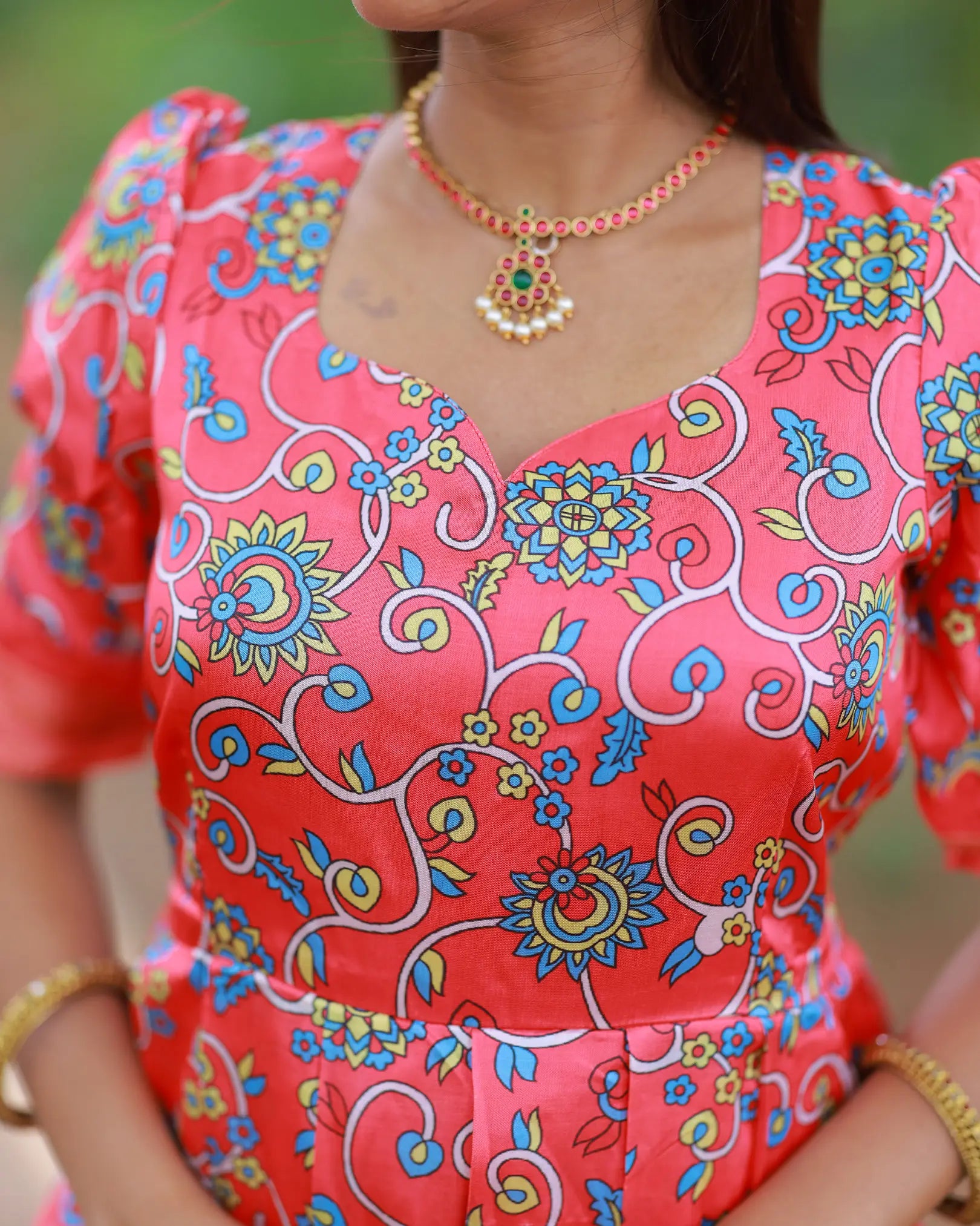 Peach-Pink Floral Long Classic Gown