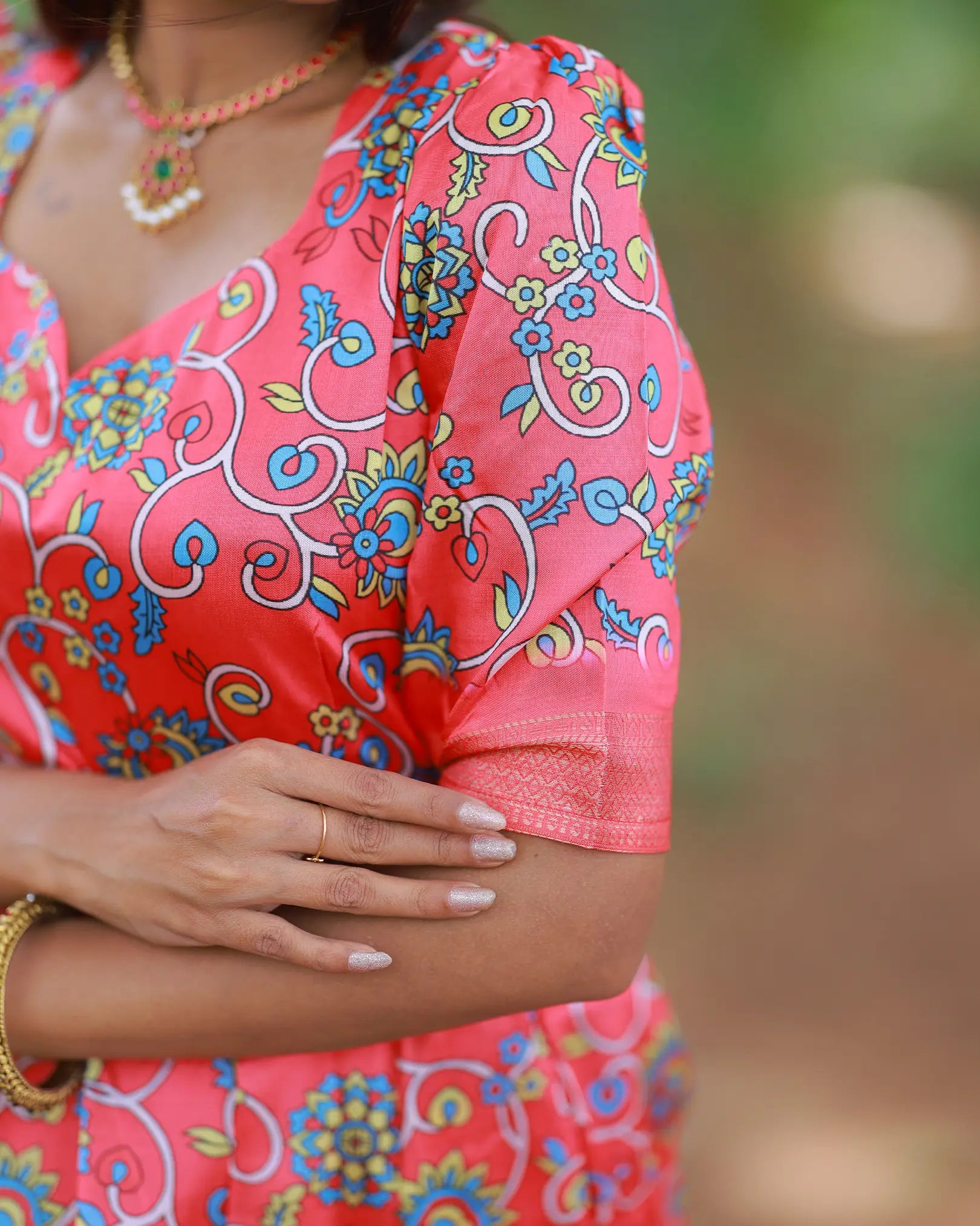 Peach-Pink Floral Long Classic Gown