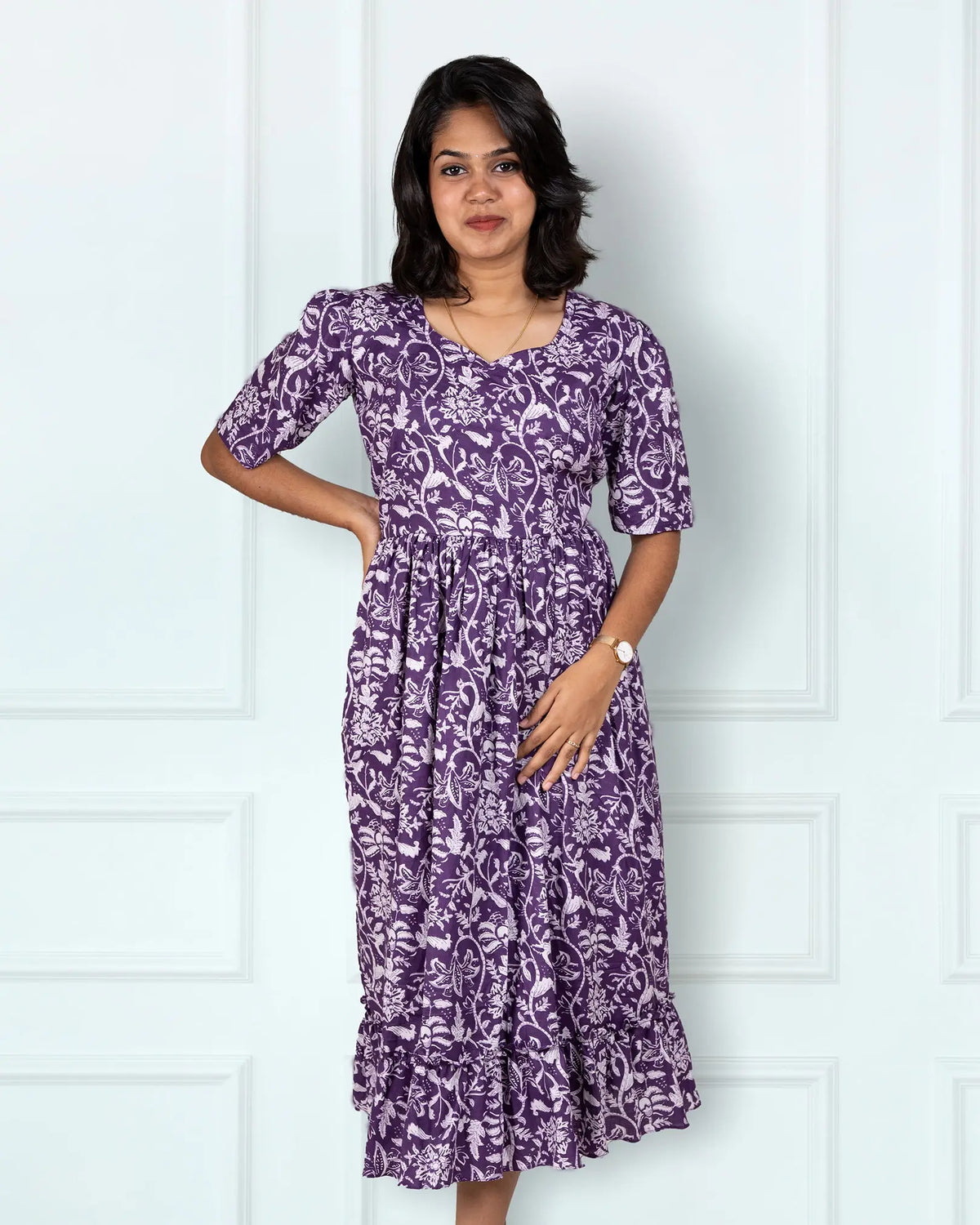 Violet Floral  with Frills Midi Dress