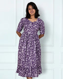 Violet Floral  with Frills Midi Dress