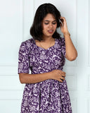 Violet Floral  with Frills Midi Dress